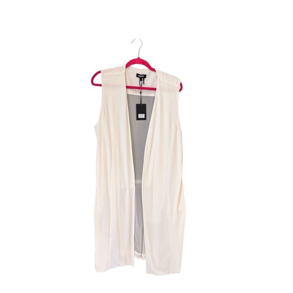 DKNY Women's Open Front Sheer Back Sleeveless Long Cardigan Vest White XL NWT